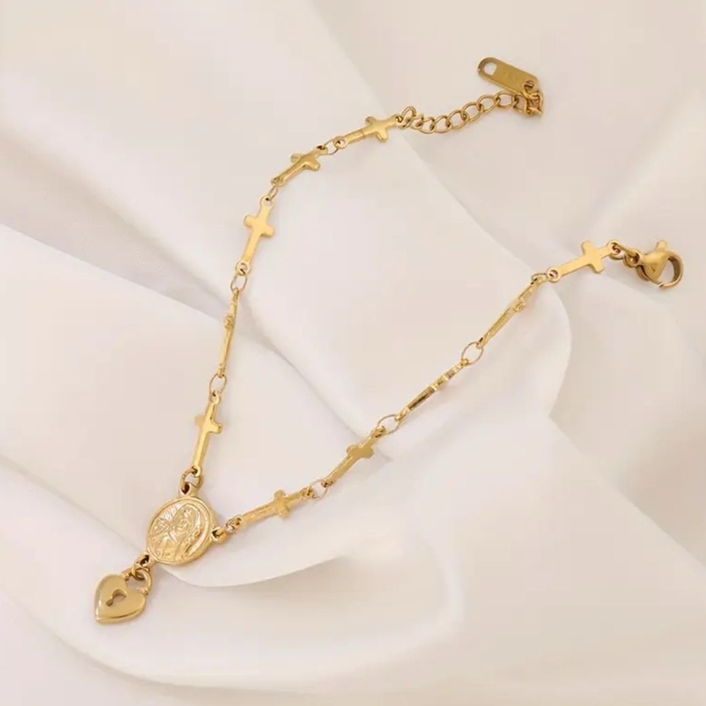Vintage Boho 18K Golden Plated Stainless Steel Cross Heart Charm Bracelet